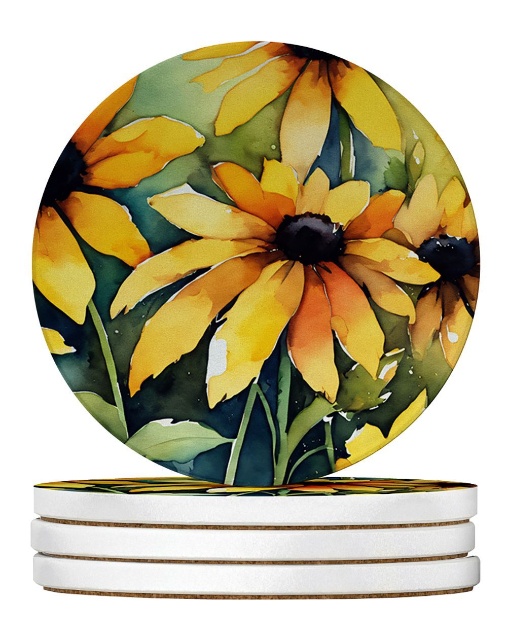 Maryland Black-Eyed Susans In Watercolor Large Sandstone Coasters Pack Of 4 Absorbent Round Coasters Decor Gifts For Men Or Women, 4 In, Multicolor_maomaolike.com