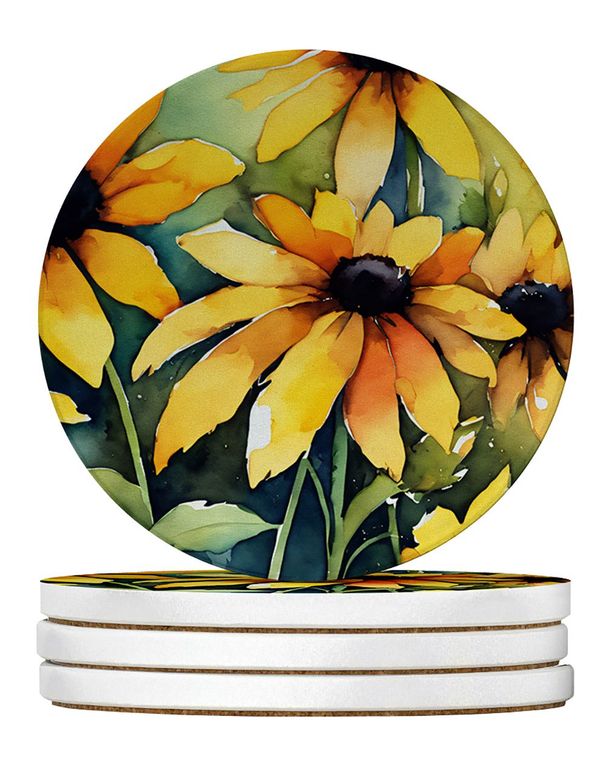 Maryland Black-Eyed Susans In Watercolor Large Sandstone Coasters Pack Of 4 Absorbent Round Coasters Decor Gifts For Men Or Women, 4 In, Multicolor_maomaolike.com