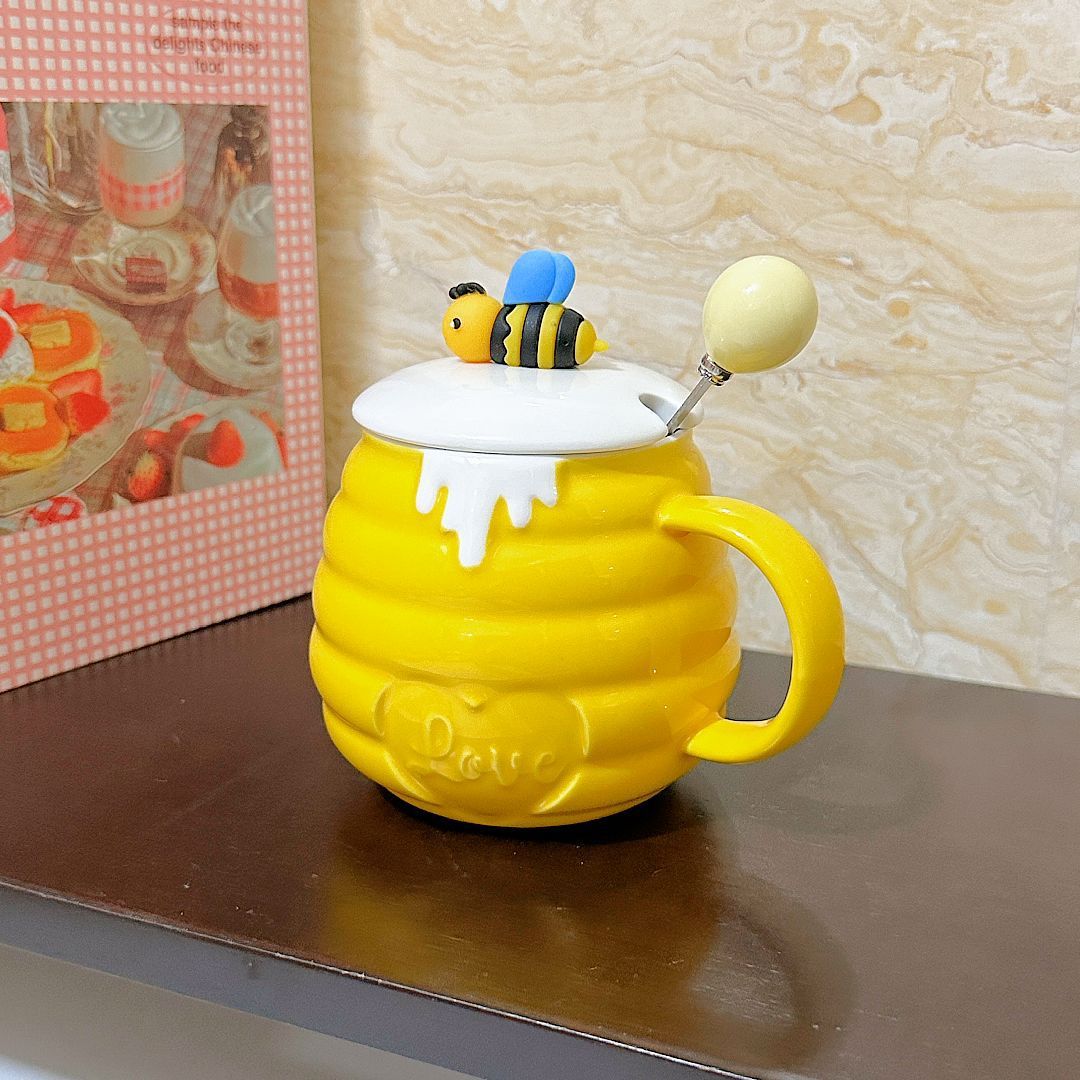 Little Bee Ceramic Cup With Lid Spoon, Mug, Coffee Cup_maomaolike.com