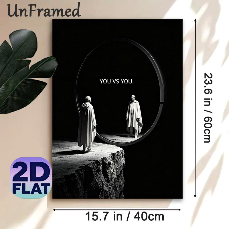 "You Vs You" Self-motivational Painting Poster, Monochrome Dramatic Mirror Reflection Poster, Inspirational Self-challenge Artwork Ideal For Home_maomaolike.com