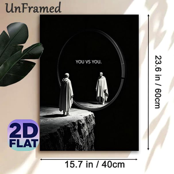 "You Vs You" Self-motivational Painting Poster, Monochrome Dramatic Mirror Reflection Poster, Inspirational Self-challenge Artwork Ideal For Home_maomaolike.com