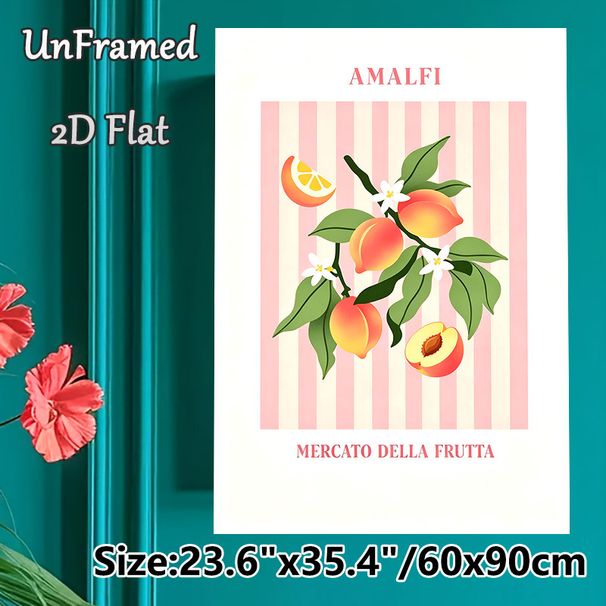 Amalfi Fruit Market Themed Painting Poster, Pastel Pink Striped Vibrant Peach & Citrus Floral Illustration Poster, Cheerful Fresh Decor Ideal For_maomaolike.com