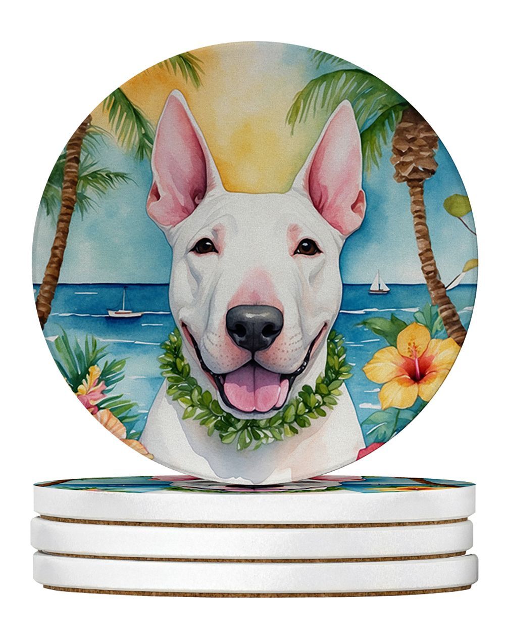 English Bull Terrier Luau Large Sandstone Coasters Pack Of 4 Absorbent Round Coasters Decor Gifts For Men Or Women, 4 In, Multicolor_maomaolike.com