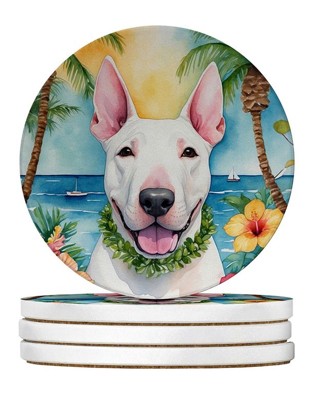 English Bull Terrier Luau Large Sandstone Coasters Pack Of 4 Absorbent Round Coasters Decor Gifts For Men Or Women, 4 In, Multicolor_maomaolike.com