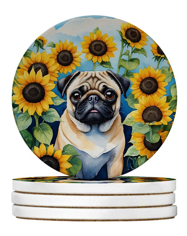 Pug In Sunflowers Large Sandstone Coasters Pack Of 4 Absorbent Round Coasters Decor Gifts For Men Or Women, 4 In, Multicolor_maomaolike.com