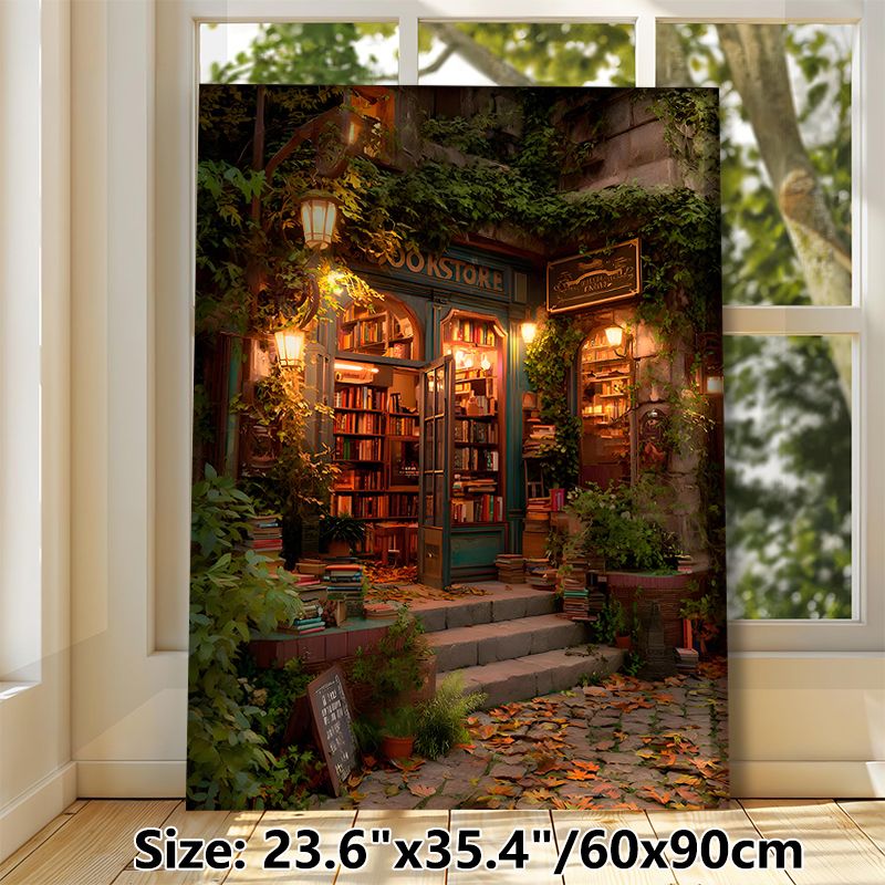 Cozy Bookstore Painting Poster, Warm-toned Vintage Enchanted Street Scene Poster, Inviting Nostalgic Ambience, Ideal For Home Study, Living Room_maomaolike.com