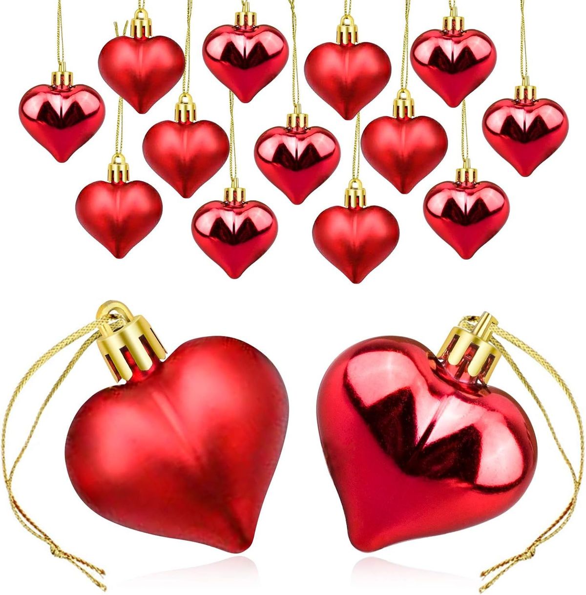 12PCS Christmas Heart Shape Ornaments Gold Red Pink Silver Heart Hanging Pendants Glossy And Matte Xmas Tree Decorations For Christmas Tree Party Wedding Valentine Decor_maomaolike.com