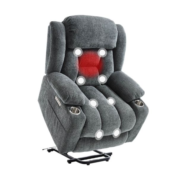 Power Lift Recliner Chair For Elderly, Recliner Chair With Massage & Heat, Electric Leather Lift Recliner Chair For Living Room With Side Pocket, USB & Type-C Charge Port, Charcoal Gray_maomaolike.com