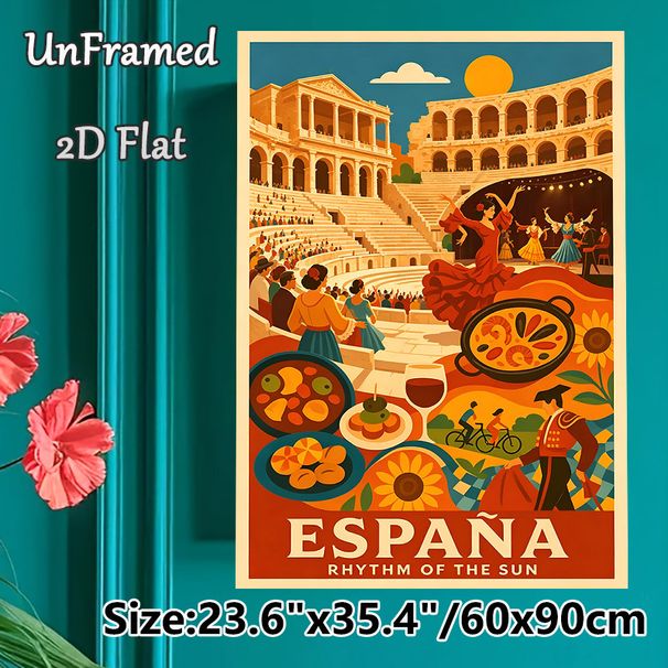 Spanish Culture Themed Painting Poster, Vibrant Retro Style Poster, Features Lively Flamenco Dance, Classic Spanish Dishes And Iconic Arena, Suitable_maomaolike.com