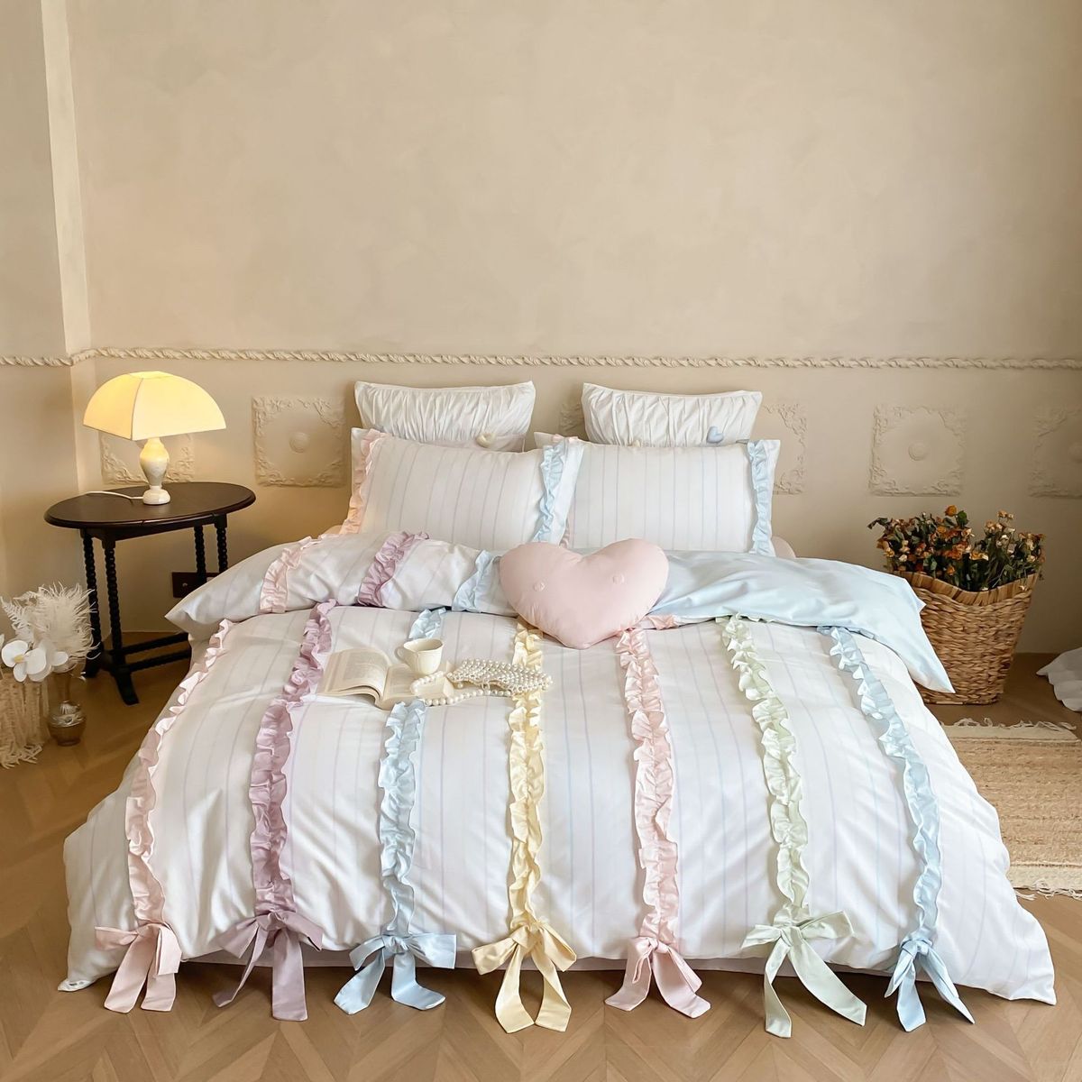 Dopamine Color Princess Style Australian Cotton Four-Piece Set Colorful Ruched Lace Bow Quilt Cover Four Seasons Skin-Friendly Bed_maomaolike.com