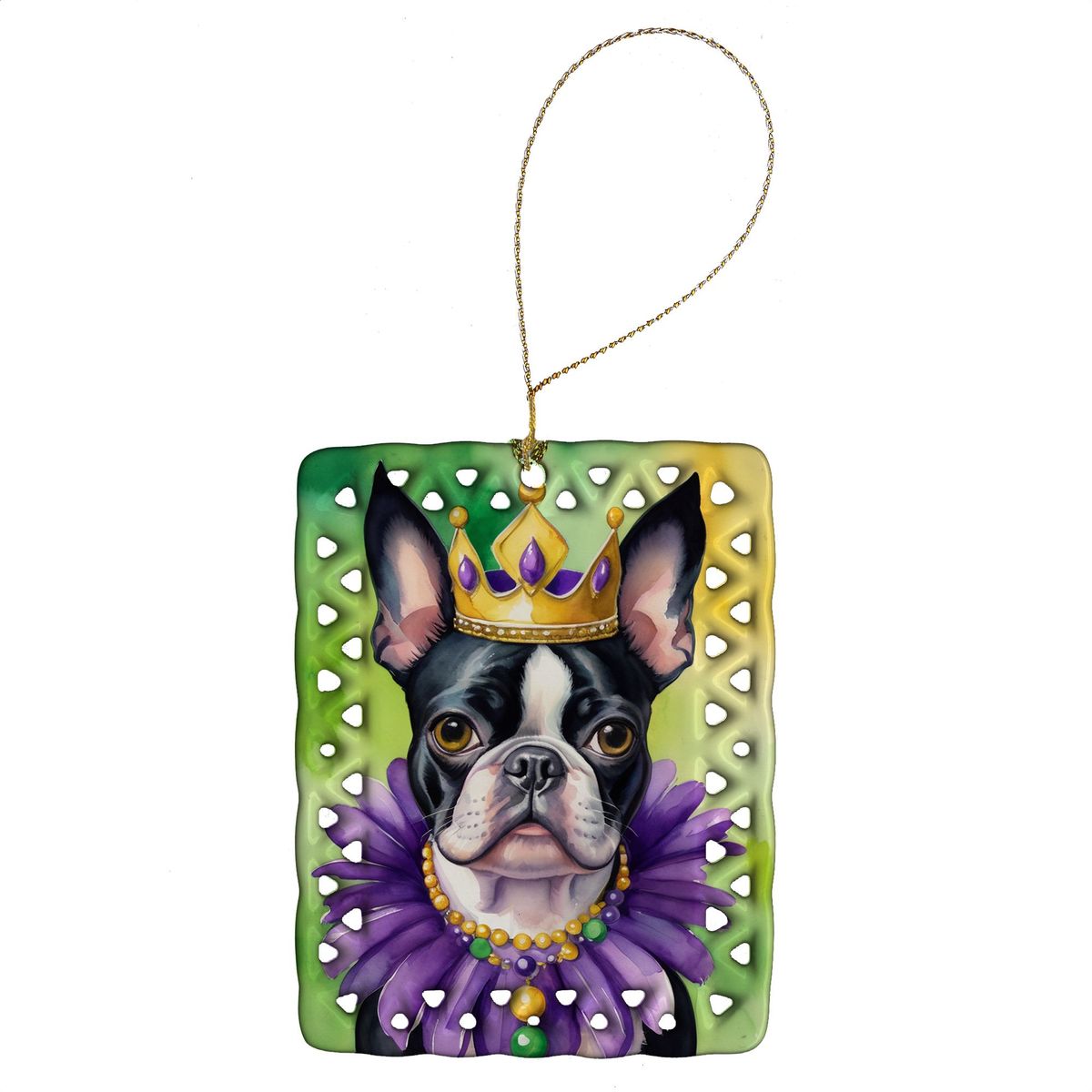 Boston Terrier King Of Mardi Gras Porcelain Ornament Christmas Tree Hanging Decorations For Home Christmas Holiday, Rectangle, Gift, Multicolor_maomaolike.com