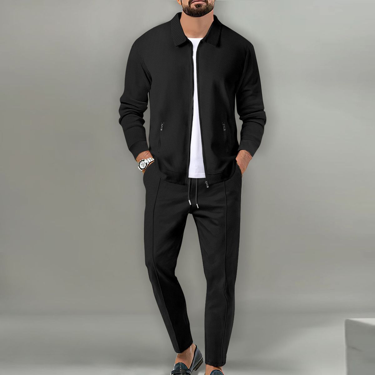 Men's Clothing 2025 New Autumn Style Youth Waffle Zipper Pocket Lapel Slim Cardigan Men's Jacket Suit_maomaolike.com