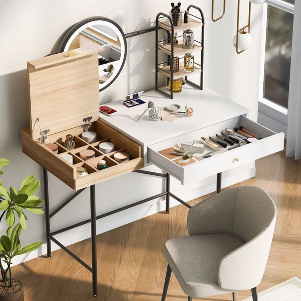 40 Inch Makeup Vanity Desk With 3-Mode Lighted Mirror & Wireless Charging Station,Vanity Table With Drawer & 3 Open Shelves For Ample Storage Space,Dressing Table For Bedroom_maomaolike.com