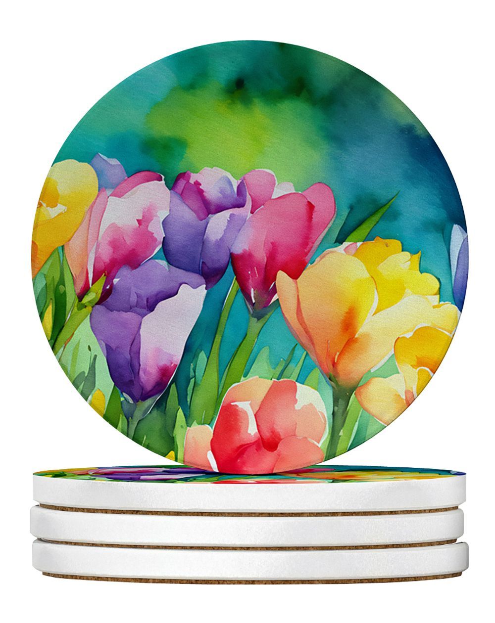 Freesias In Watercolor Large Sandstone Coasters Pack Of 4 Absorbent Round Coasters Decor Gifts For Men Or Women, 4 In, Multicolor_maomaolike.com