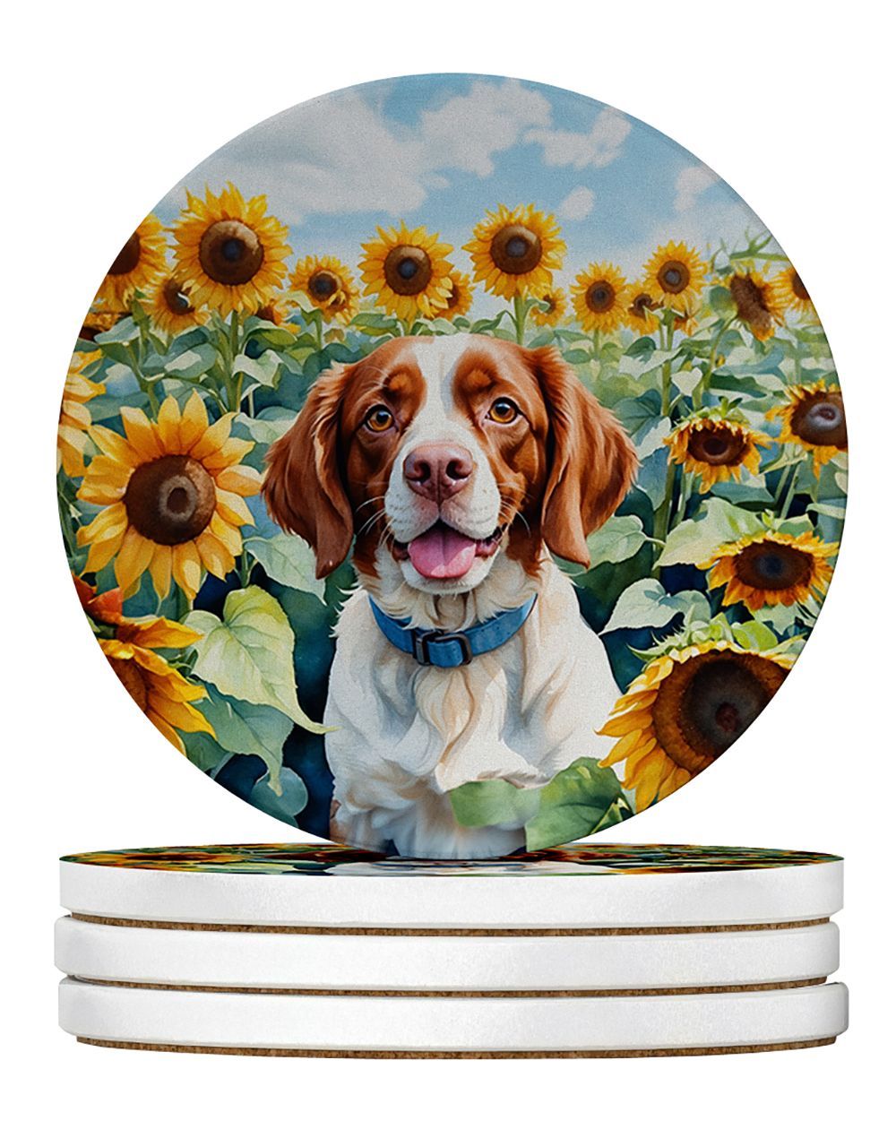 Brittany Spaniel In Sunflowers Large Sandstone Coasters Pack Of 4 Absorbent Round Coasters Decor Gifts For Men Or Women, 4 In, Multicolor_maomaolike.com