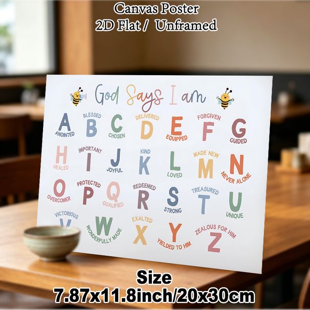 Christian Alphabet Affirmation Painting Poster, Pastel-colored Cute Bee & Typographic Art Poster, Uplifting Religious Positive Phrases, Ideal For_maomaolike.com