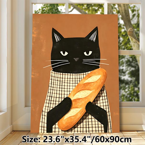 Black Cat With Baguette Painting Poster, Warm-toned Whimsical Illustration Poster, Delightful Cozy Decor Ideal For Kitchen, Dining Area_maomaolike.com