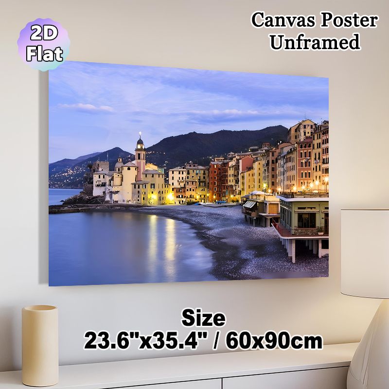 Coastal Town Painting Poster, Serene Warm-lit Mediterranean Seaside Town Scene Poster, Tranquil Waterfront View Brings Cozy Ambiance, Ideal For Living_maomaolike.com