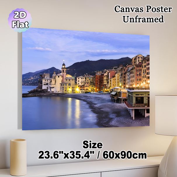 Coastal Town Painting Poster, Serene Warm-lit Mediterranean Seaside Town Scene Poster, Tranquil Waterfront View Brings Cozy Ambiance, Ideal For Living_maomaolike.com