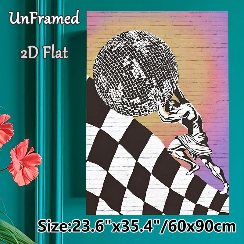 Sisyphus & Disco Ball Themed Painting Poster, Stylish Graffiti-style Poster, Monochrome Figure Pushing Disco Ball On Checkered Ramp With Gradient_maomaolike.com