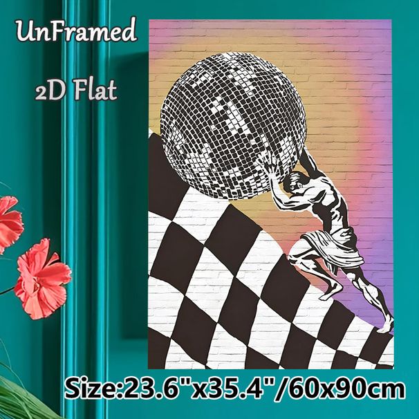 Sisyphus & Disco Ball Themed Painting Poster, Stylish Graffiti-style Poster, Monochrome Figure Pushing Disco Ball On Checkered Ramp With Gradient_maomaolike.com