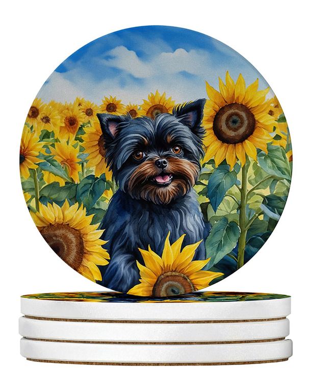 Affenpinscher In Sunflowers Large Sandstone Coasters Pack Of 4 Absorbent Round Coasters Decor Gifts For Men Or Women, 4 In, Multicolor_maomaolike.com