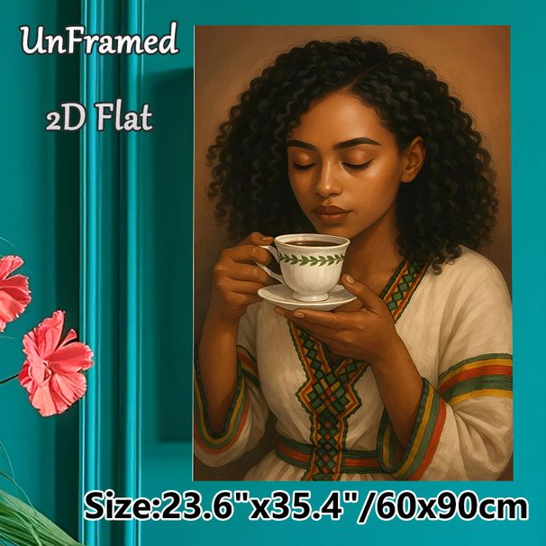 African Woman & Coffee Painting Poster, Warm-toned Realistic Portrait Poster, Cultural Calming Artwork Suitable For Living Room, Café And Cozy Indoor_maomaolike.com
