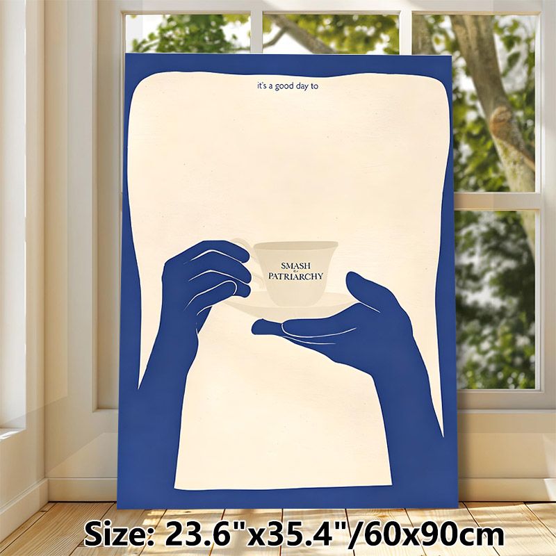 Coffee Cup & Hands Themed Painting Poster, Minimalist Blue & Beige Stylized Graphic Poster, Warm Inspirational Decor Idea For Home Office, Living Room_maomaolike.com