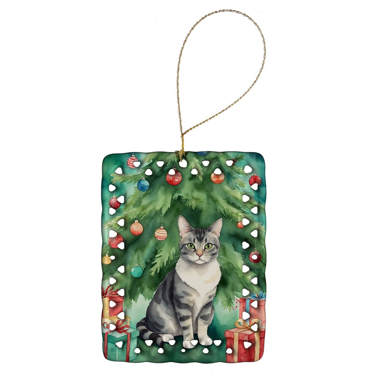 German Rex Cat By The Christmas Tree Porcelain Ornament Christmas Tree Hanging Decorations For Home Christmas Holiday, Rectangle, Gift, Multicolor_maomaolike.com
