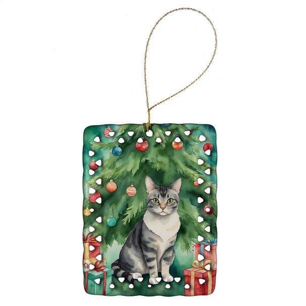 German Rex Cat By The Christmas Tree Porcelain Ornament Christmas Tree Hanging Decorations For Home Christmas Holiday, Rectangle, Gift, Multicolor_maomaolike.com