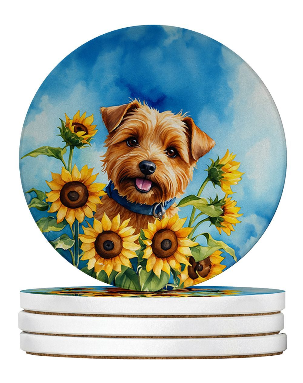 Norfolk Terrier In Sunflowers Large Sandstone Coasters Pack Of 4 Absorbent Round Coasters Decor Gifts For Men Or Women, 4 In, Multicolor_maomaolike.com