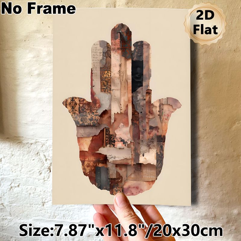 Hamsa Hand Themed Painting Poster, Vintage Collage Style Poster, Layered Aged Paper & Patterned Fragments Design, Unique Artistic Decor Ideal For_maomaolike.com