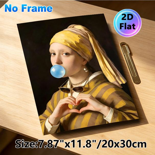 Modernized Girl With A Pearl Earring Painting Poster, Whimsical Reimagined Classic Art Poster, Playful Bubble Gum Blowing & Heart Gesture Design_maomaolike.com