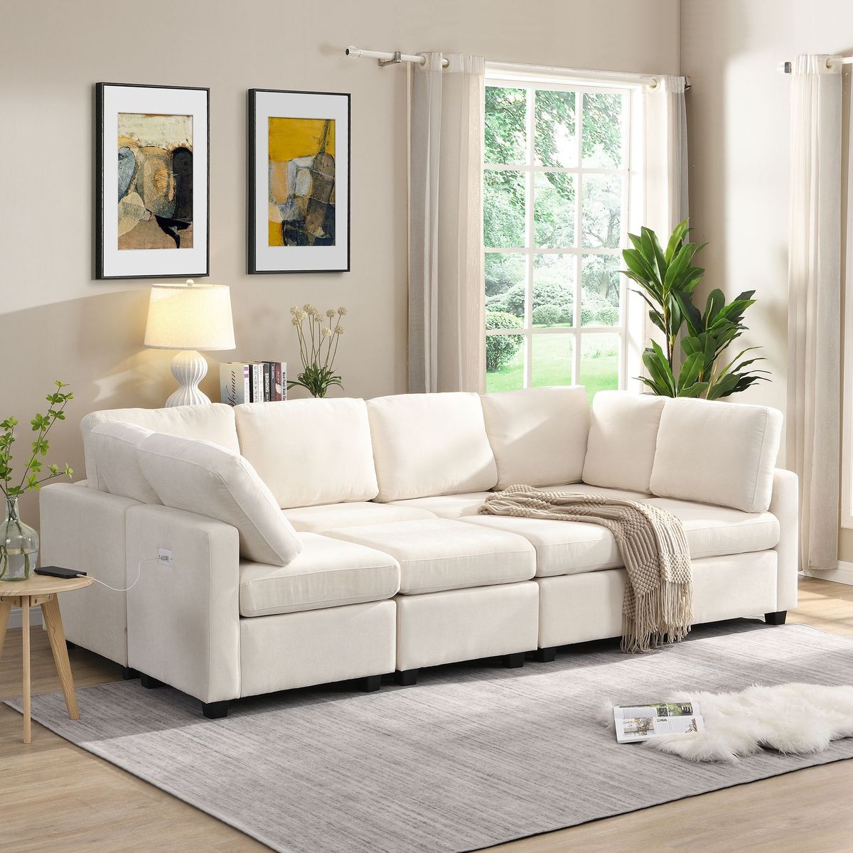 103" Sectional Sofa Couch Sofa Bed U-shaped Sofa With Two Movable Ottoman And Three USB Ports For Living Room_maomaolike.com
