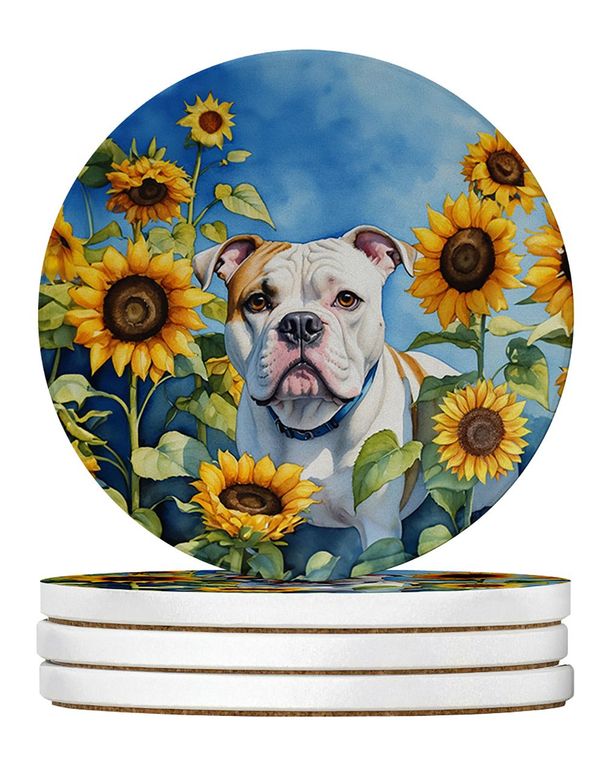American Bulldog In Sunflowers Large Sandstone Coasters Pack Of 4 Absorbent Round Coasters Decor Gifts For Men Or Women, 4 In, Multicolor_maomaolike.com