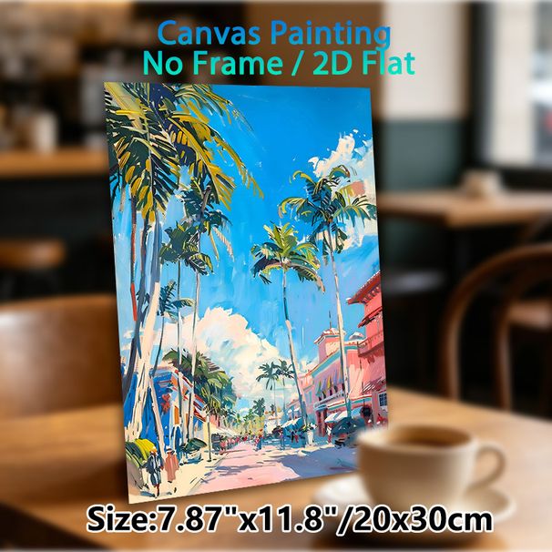 Tropical Coastal Town Street Painting Poster, Vibrant Impressionist-style Poster, Lively Palm-lined Street With Pastel Buildings, Adds A Warm Breezy_maomaolike.com