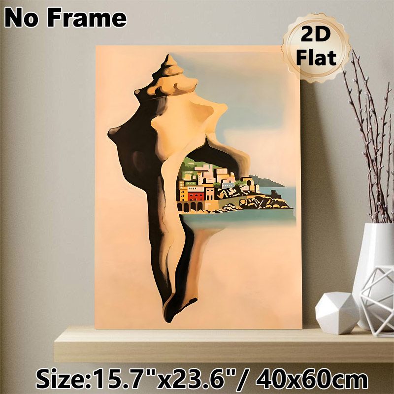 Seashell & Coastal Town Painting Poster, Surreal Style Pastel-toned Seashell With Vibrant Coastal Village Scene Poster, Unique Artistic Decor Ideal_maomaolike.com