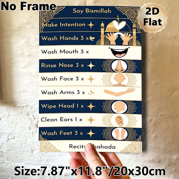 Islamic Wudu Ritual Steps Painting Poster, Elegant Gold & Navy Illustrated Guide Poster, Clear Step-by-step Ritual Instructions Suitable For Home_maomaolike.com