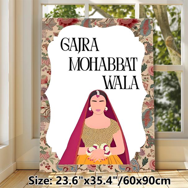 South Asian Bride Themed Painting Poster, Vibrant Bohemian Floral Bordered Stylized Bride Illustration Poster, Cultural Aesthetic Decor For Home_maomaolike.com