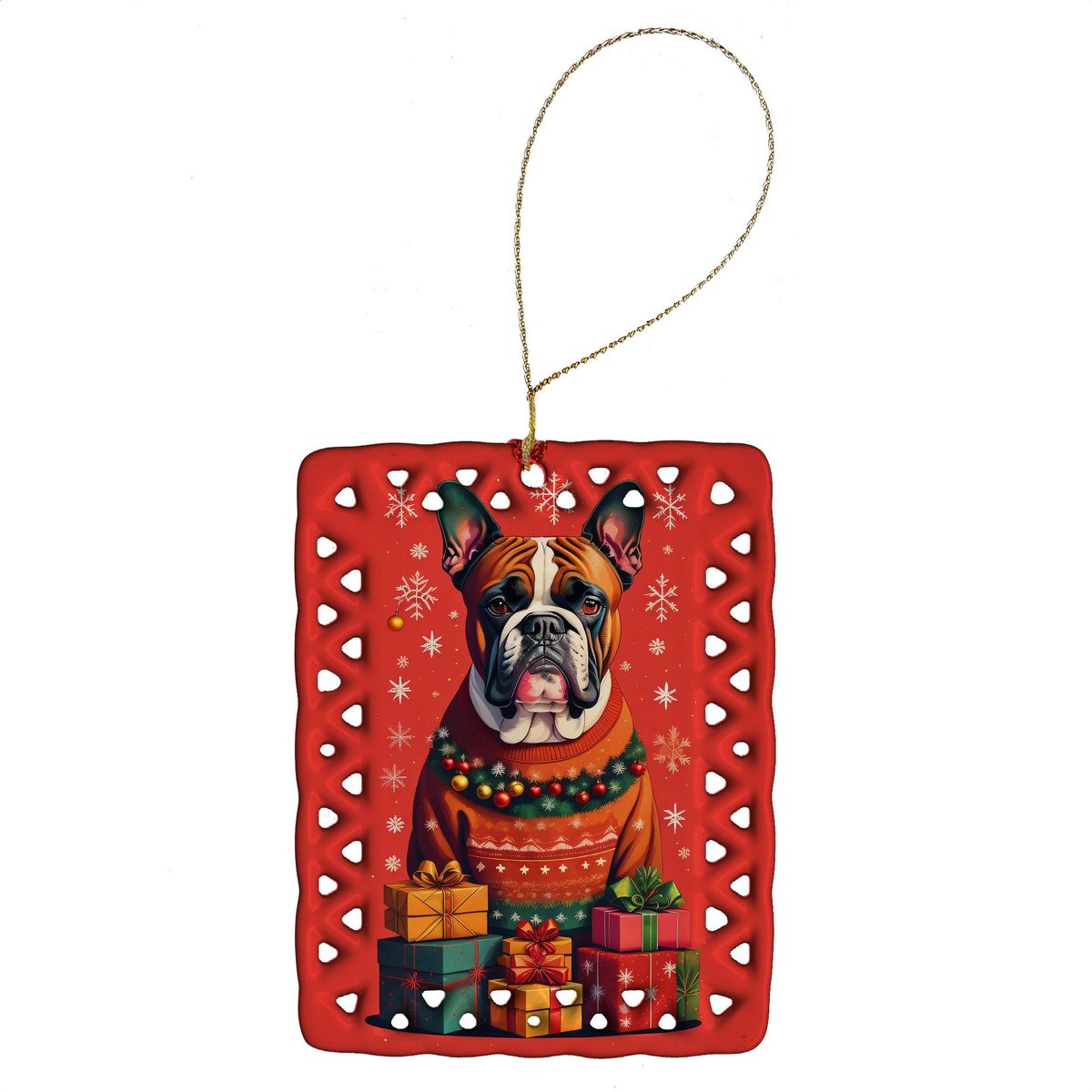 Fawn Boxer Cropped Ears Holiday Christmas Porcelain Ornament Christmas Tree Hanging Decorations For Home Christmas Holiday, Rectangle, Gift, Multicolor_maomaolike.com