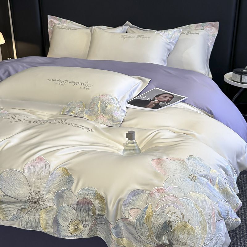 2026 New Luxury High-End Thickened Simple Four-Piece Floral Embroidered Duvet Cover Sheet Bed Skirt Bedding Set 4-piece Set_maomaolike.com