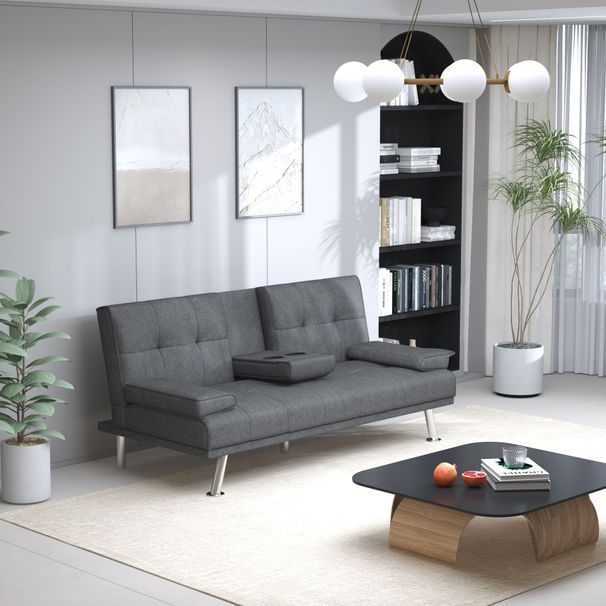 Charcoal Grey Two-tone Linen 66inch Sleeper Sofa,2-seat Sofa With Cup Holder, Folding Sofa Bed, Accompany Two Head Pillows,_maomaolike.com