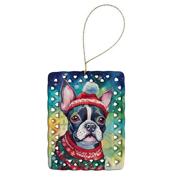Boston Terrier Christmas Porcelain Ornament Christmas Tree Hanging Decorations For Home Christmas Holiday, Rectangle, Gift, Multicolor_maomaolike.com