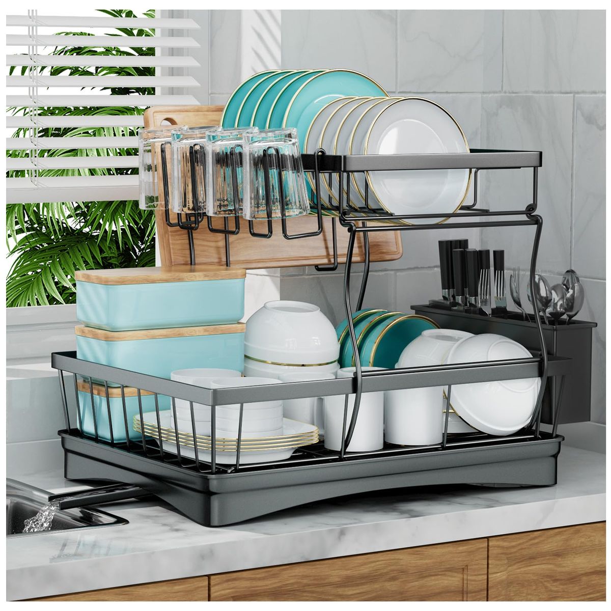 7 Code 2-Tier Large Dish Drying Rack For Kitchen Counter, Black_maomaolike.com