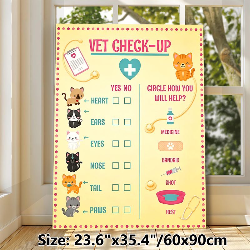 Vet Check-up Themed Painting Poster, Cute Cartoon Cat Pet Health Checklist Poster, Educational Pet Care Guide Ideal For Pet Care Spaces, Home Decor_maomaolike.com