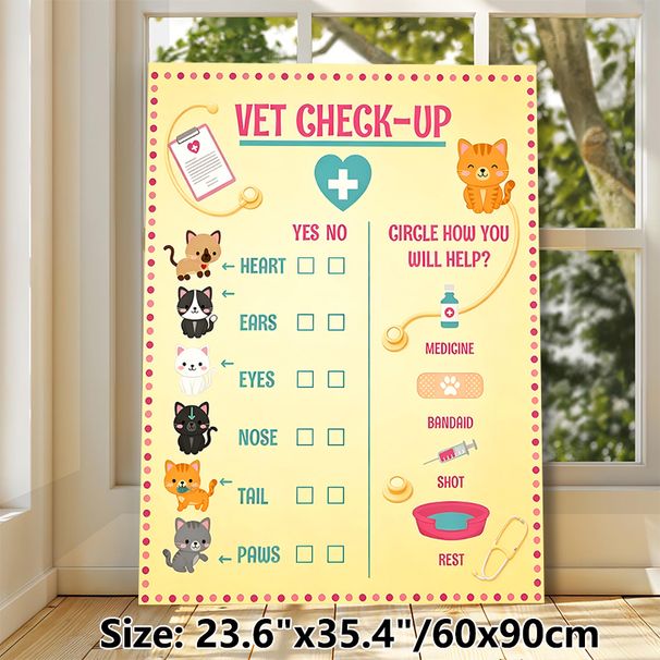 Vet Check-up Themed Painting Poster, Cute Cartoon Cat Pet Health Checklist Poster, Educational Pet Care Guide Ideal For Pet Care Spaces, Home Decor_maomaolike.com