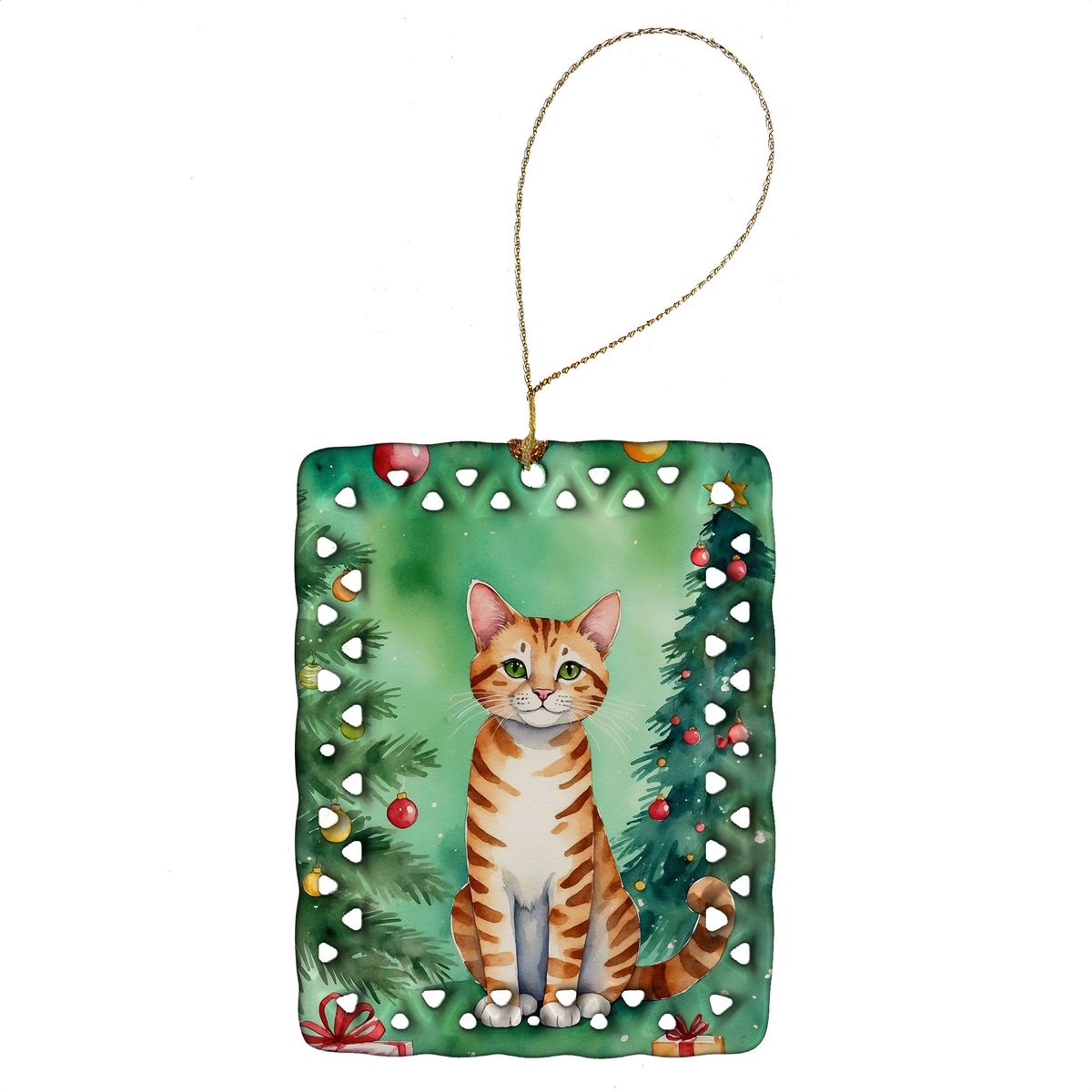 Safari Cat By The Christmas Tree Porcelain Ornament Christmas Tree Hanging Decorations For Home Christmas Holiday, Rectangle, Gift, Multicolor_maomaolike.com