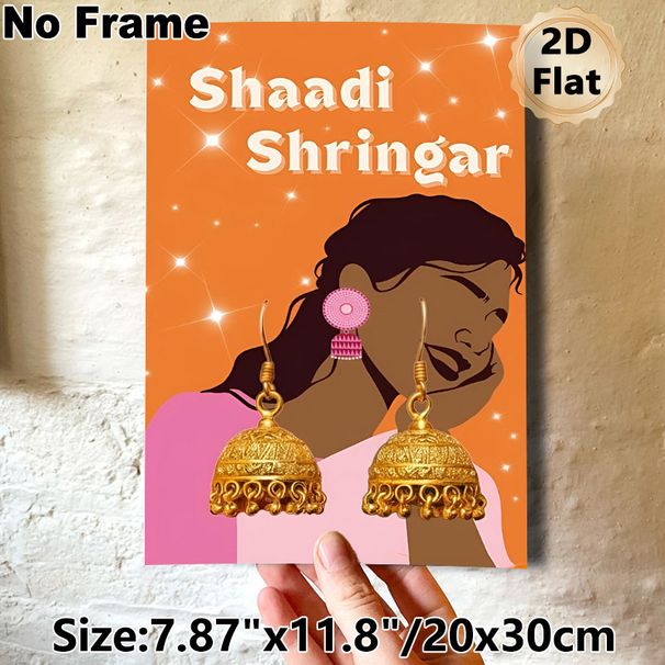 Indian Wedding Jewelry Painting Poster, Vibrant Ethnic Style Poster, Eye-catching Design With Golden Jhumka Earrings & Feminine Silhouette, Ideal For_maomaolike.com