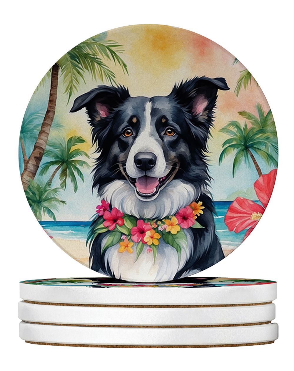 Border Collie Luau Large Sandstone Coasters Pack Of 4 Absorbent Round Coasters Decor Gifts For Men Or Women, 4 In, Multicolor_maomaolike.com