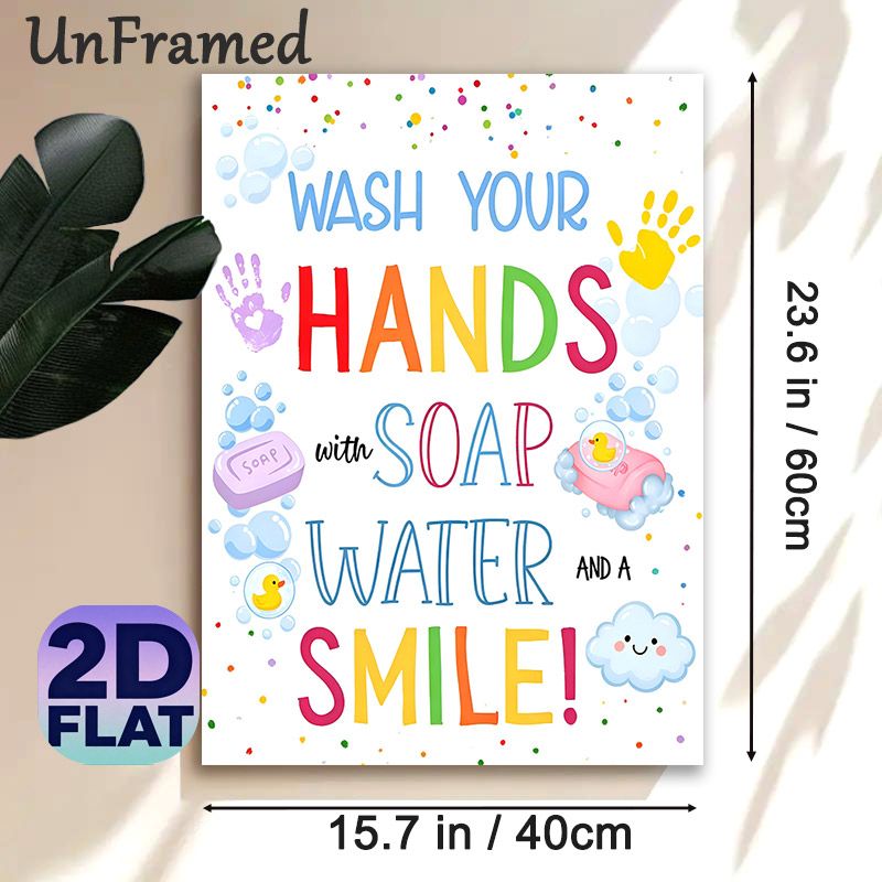 Hand Washing Reminder Painting Poster, Vibrant Cartoon-style Poster, Cheerful Hygiene Reminder With Bubbles, Soap And Rubber Ducks, Ideal For Bathroom_maomaolike.com